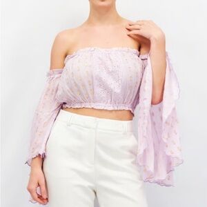 Muche Et Muchette Purple Smocked Crop Blouse with Bell Sleeves Size 0/S